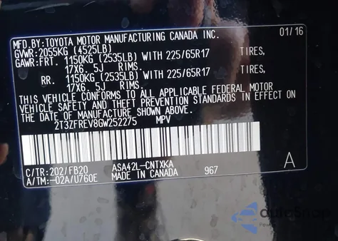 2016 Toyota Rav4 Le из США, поврежденный, VIN 2T3ZFREV8GW252275